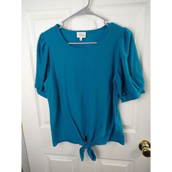 Ava James Aqua Swiss Dot Front Tie Short Sleeve Top. Size M - Picture 1 of 7